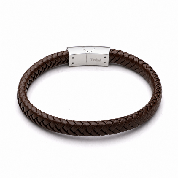 Brown 8mm plaited leather bracelet with stainless steel magnetic clasp