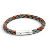 Brown and antique blue 6mm braided leather bracelet with stainless steel magnetic clasp on a white background