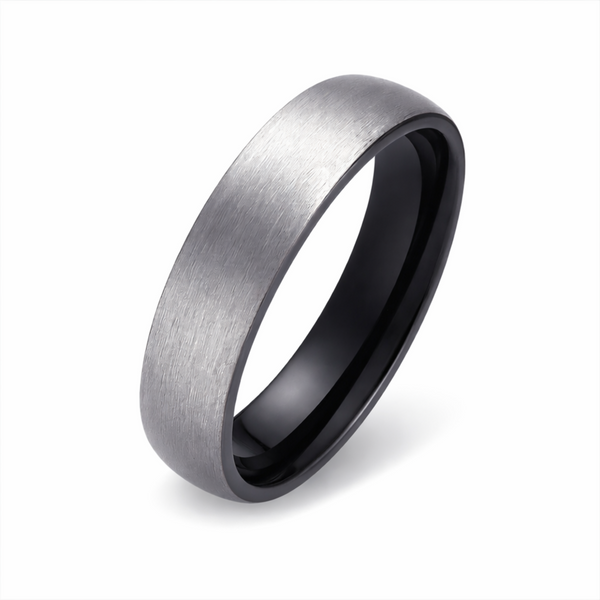 Brushed tungsten ring with matte outer finish and black inner band
