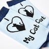 close up of I Love My Cat socks showing cat design and text