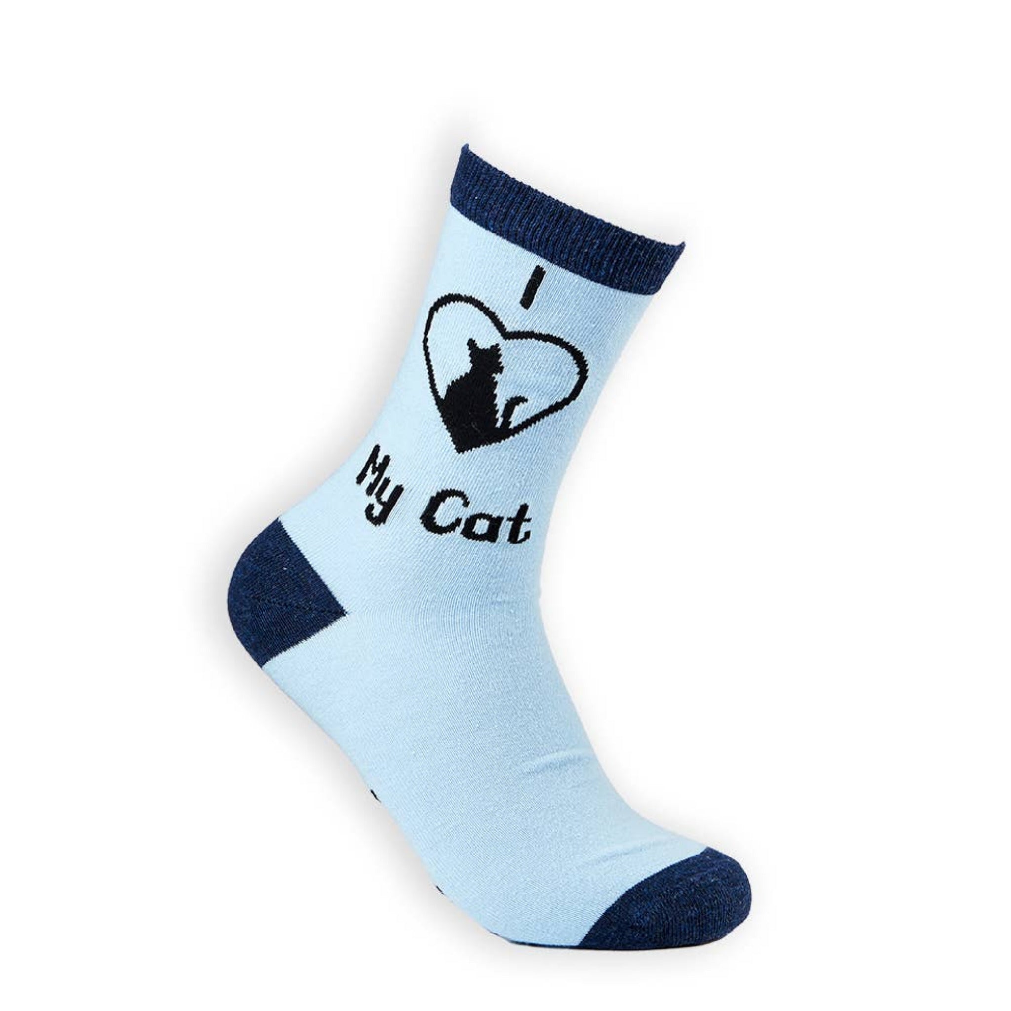 I Love My Cat novelty socks light blue main view with cat design