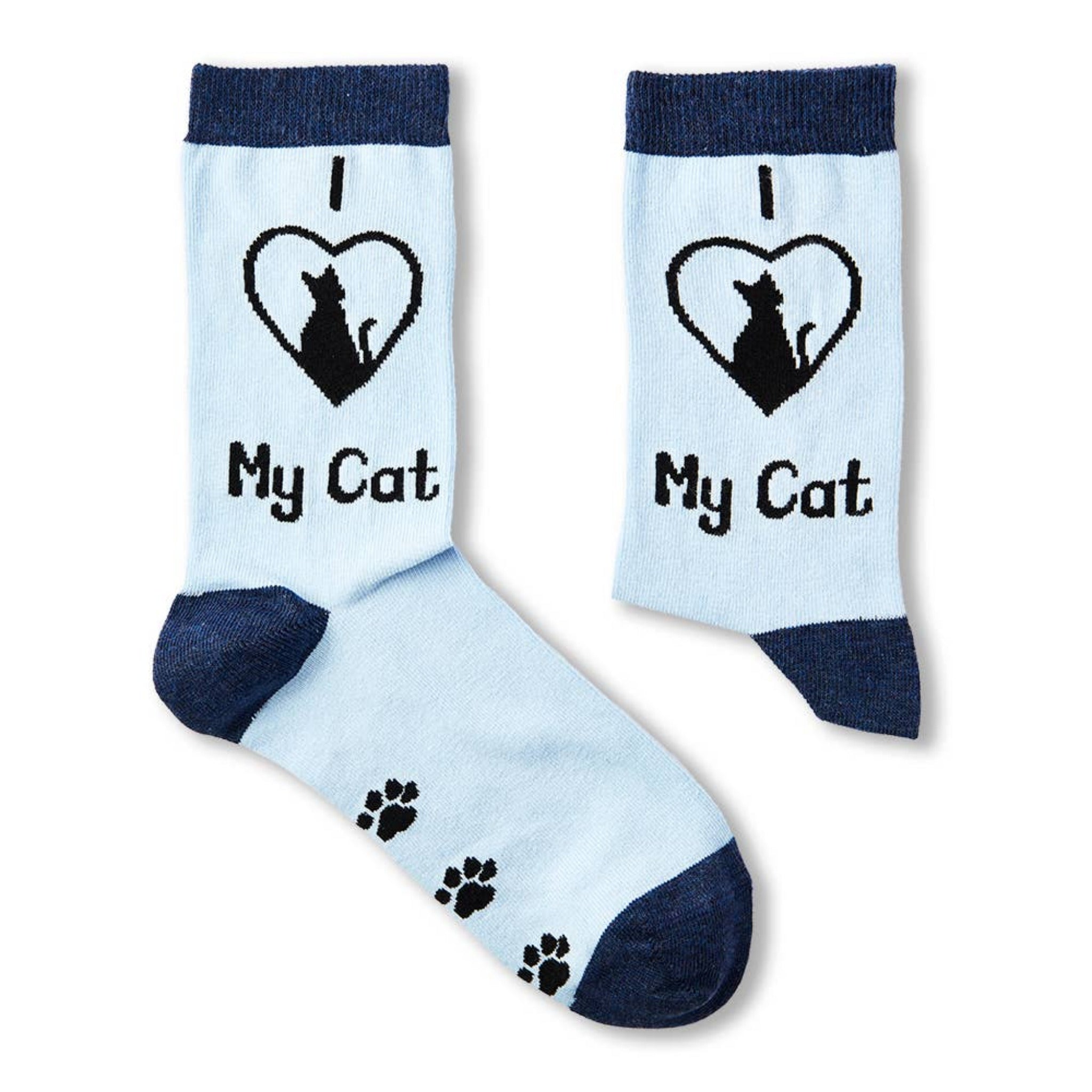 pair of I Love My Cat novelty socks laid flat showing full design