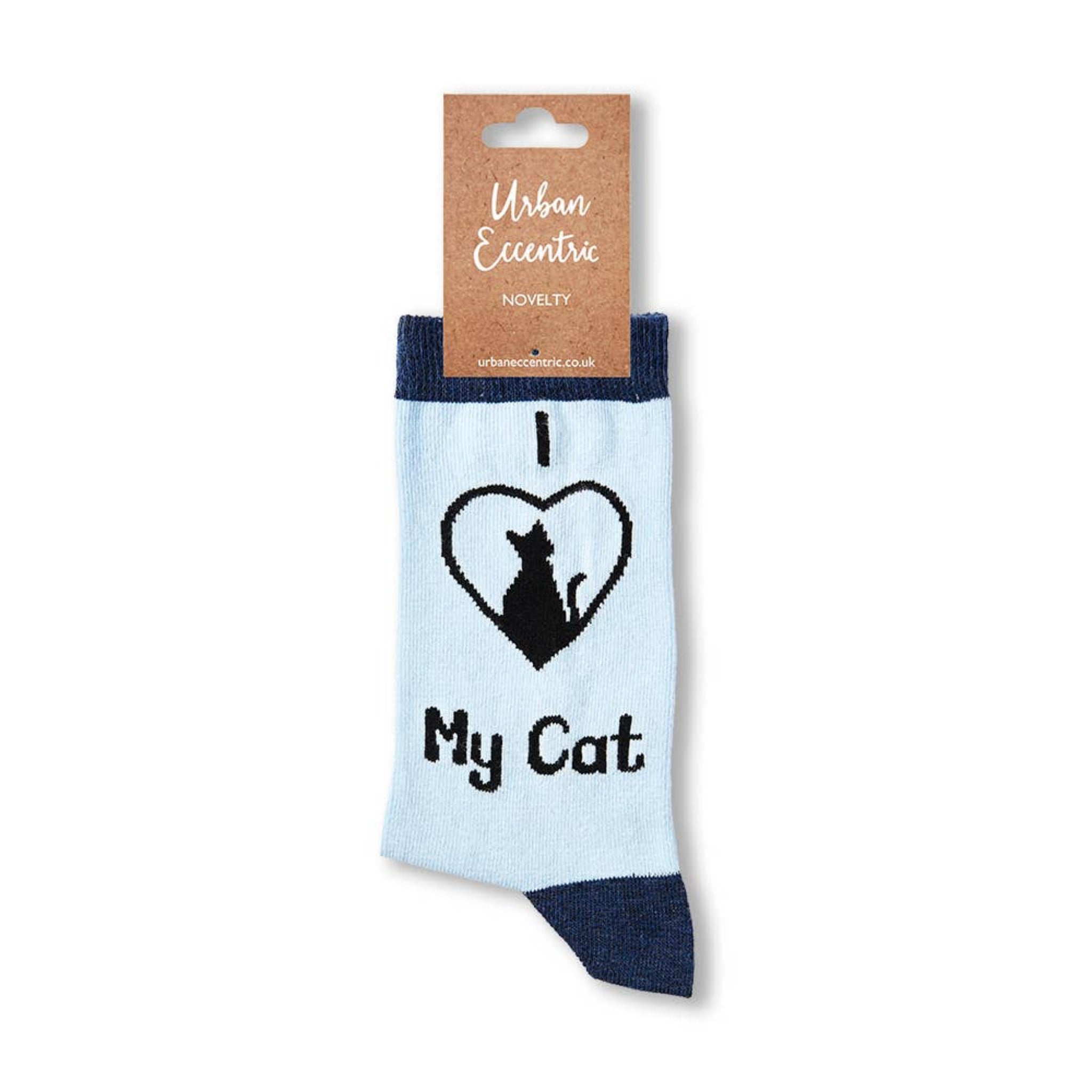 I Love My Cat socks with retail tag visible