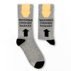 pair of Warning Choking Hazard novelty socks laid flat showing full design