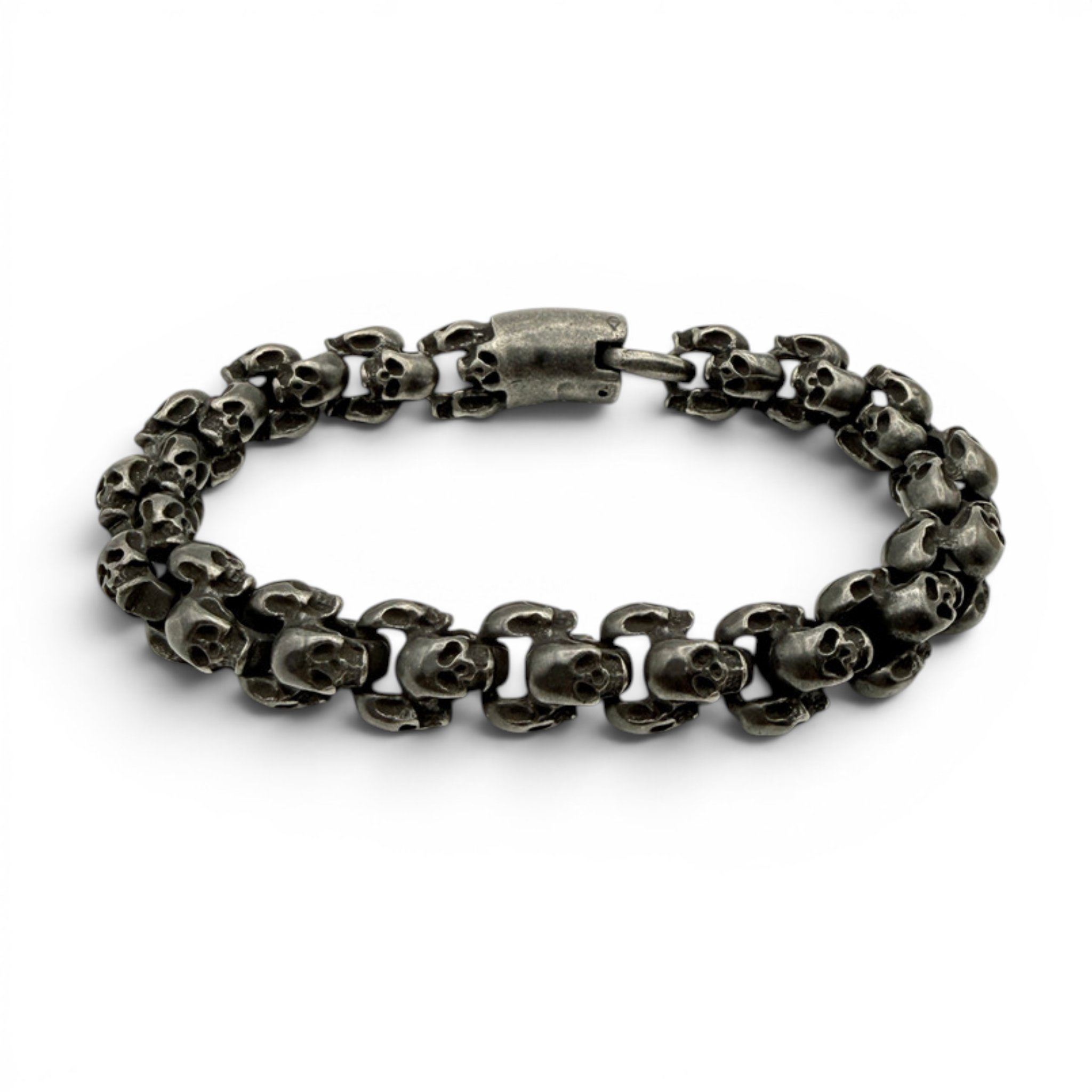 Chunky oxidised stainless steel skull bracelet with detailed skull links and secure clasp