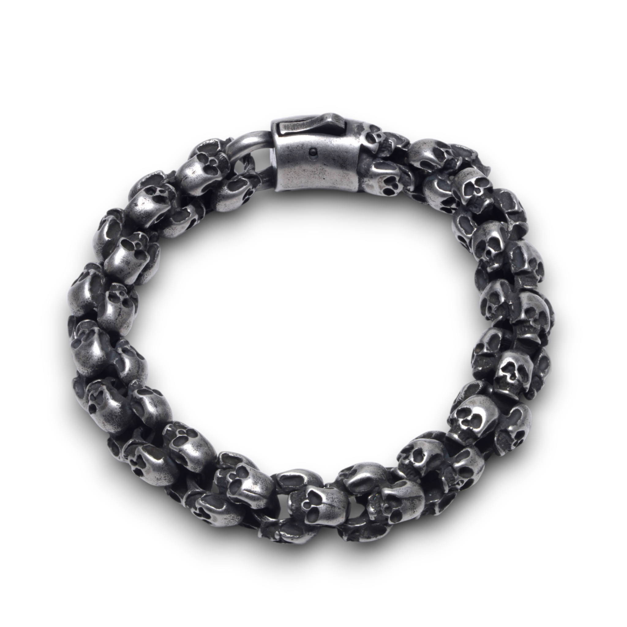Full view of chunky oxidised skull bracelet showing complete skull link design