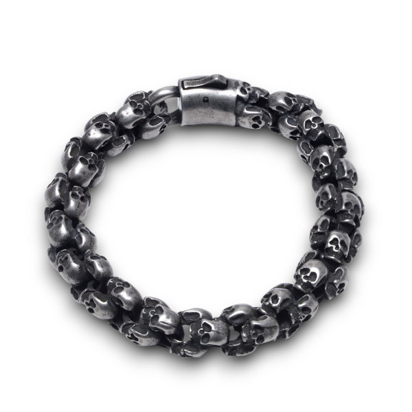 Full view of chunky oxidised skull bracelet showing complete skull link design