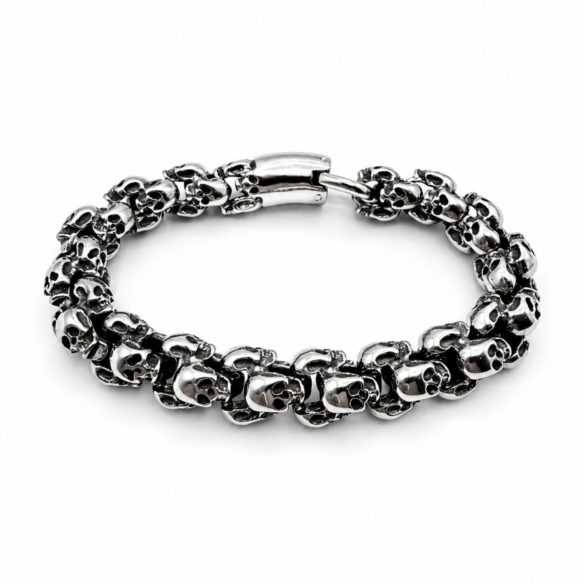 Chunky polished stainless steel skull bracelet with detailed skull links and secure clasp