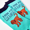 close up of I Love My Cockapoo socks showing dog design and text