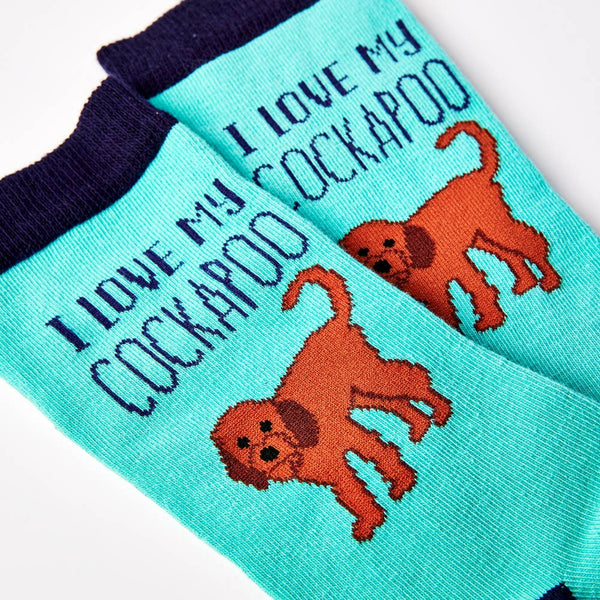 close up of I Love My Cockapoo socks showing dog design and text