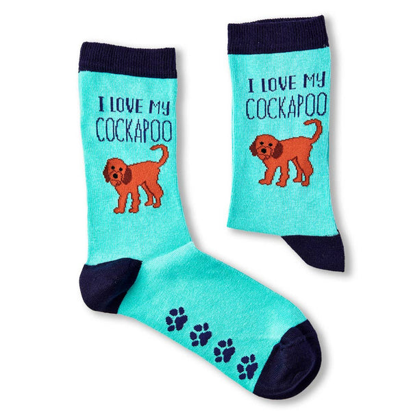 pair of I Love My Cockapoo novelty socks laid flat showing full design