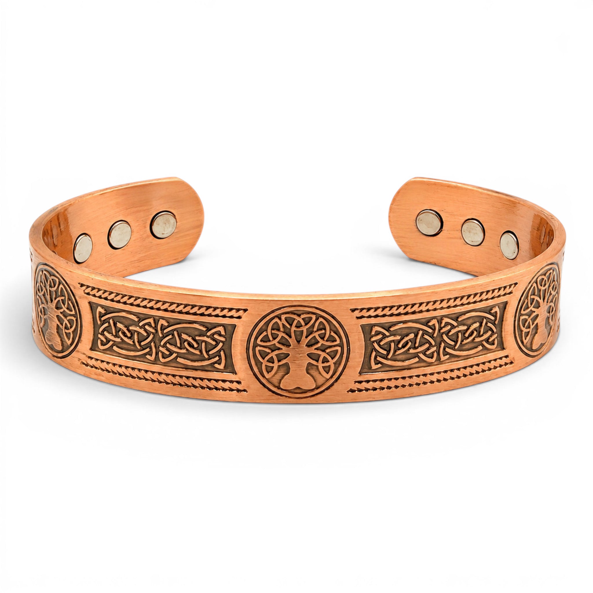 Front view of a copper Tree of Life magnetic cuff bracelet.