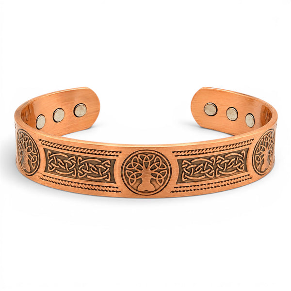 Front view of a copper Tree of Life magnetic cuff bracelet.