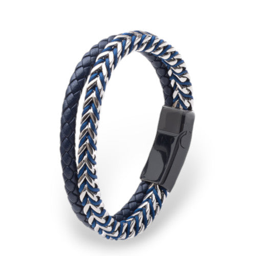 Steel and Leather Double Bracelet