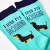 close up of I Love My Dachshund socks showing dog design and text