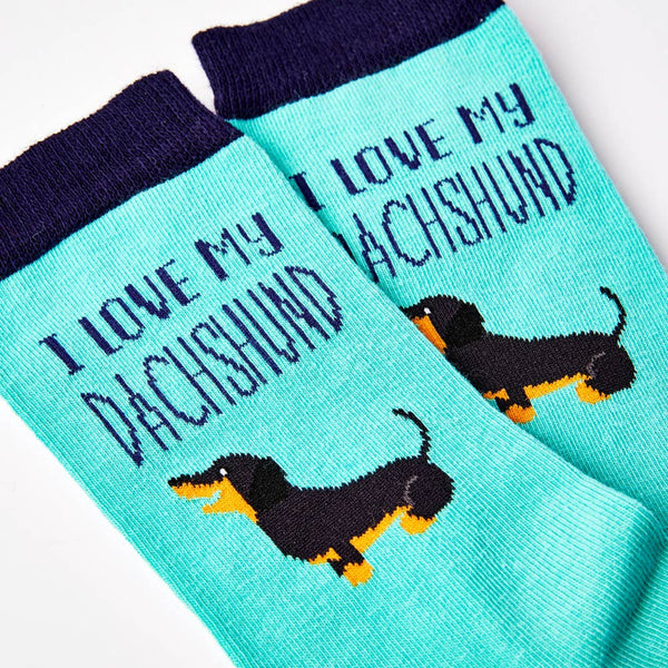 close up of I Love My Dachshund socks showing dog design and text