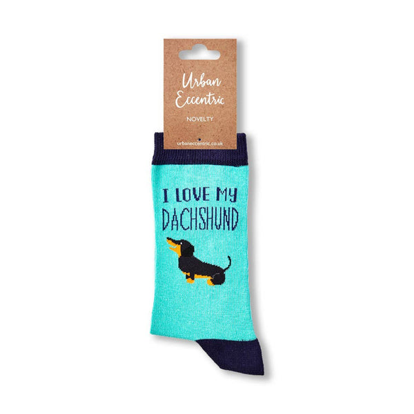 I Love My Dachshund socks with retail packaging label visible