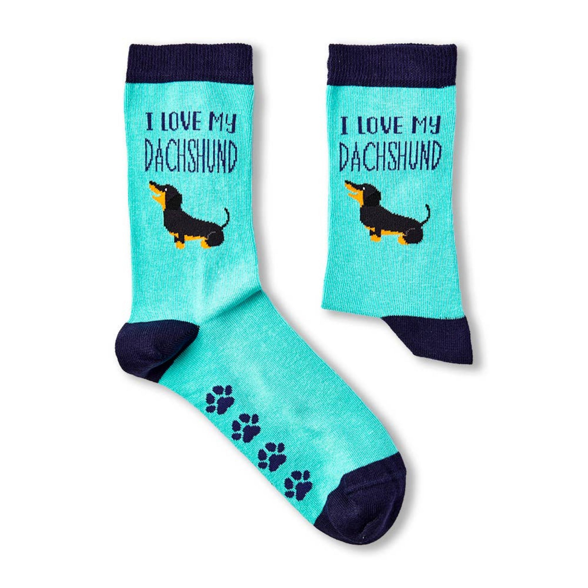 pair of I Love My Dachshund novelty socks laid flat showing full design