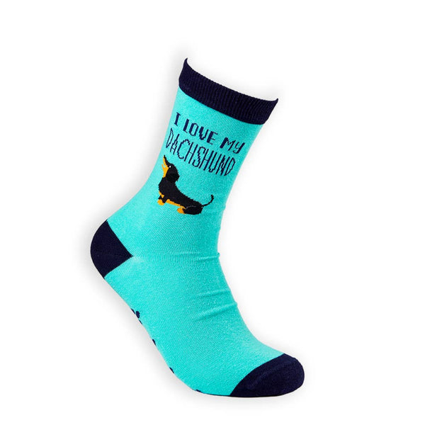 I Love My Dachshund teal novelty socks front view