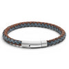 Dark brown and antique blue braided leather bracelet with stainless steel clasp on a white background