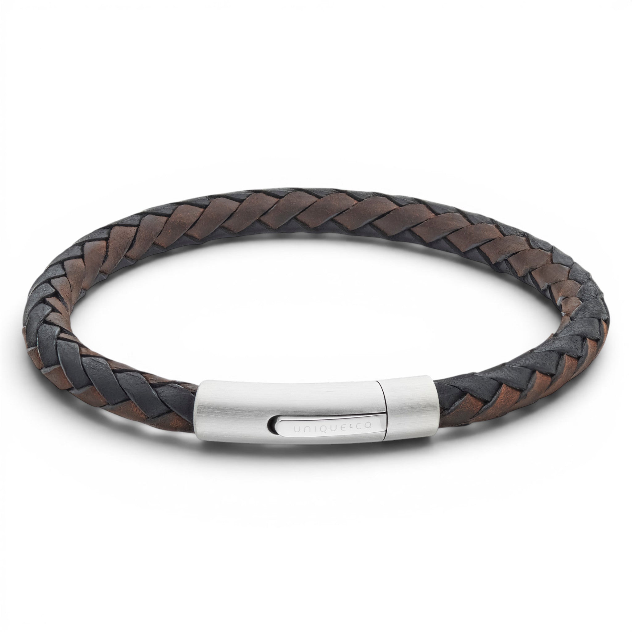 Dark brown braided leather bracelet with stainless steel clasp on a white background