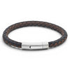 Dark brown braided leather bracelet with stainless steel clasp on a white background