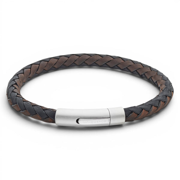 Dark brown braided leather bracelet with stainless steel clasp on a white background