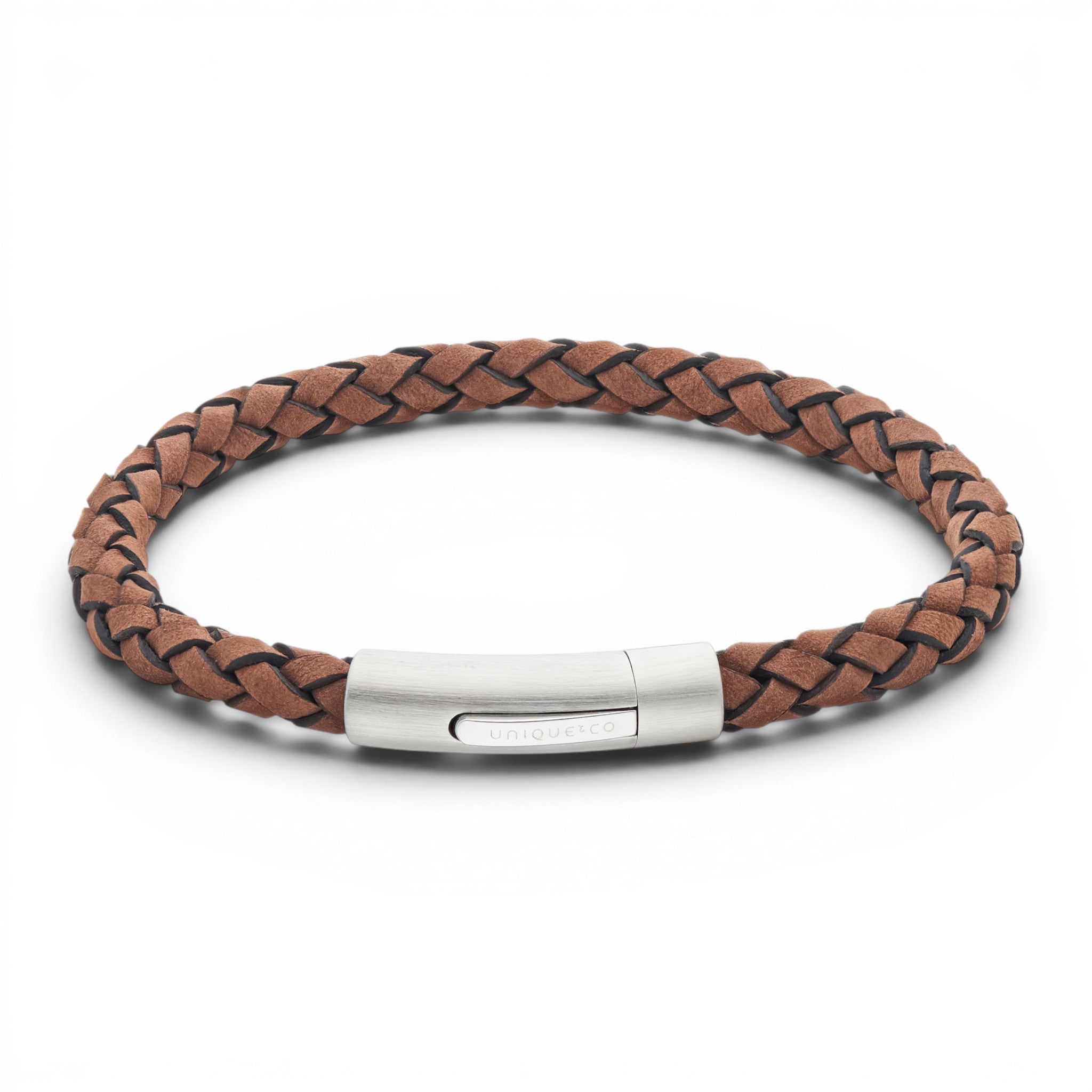 Dark brown 6mm suede leather bracelet with stainless steel rocker clasp on a white background