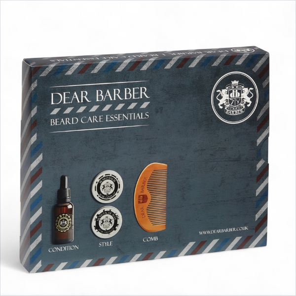 Closed Dear Barber Beard Care Essentials gift set presentation box on white background
