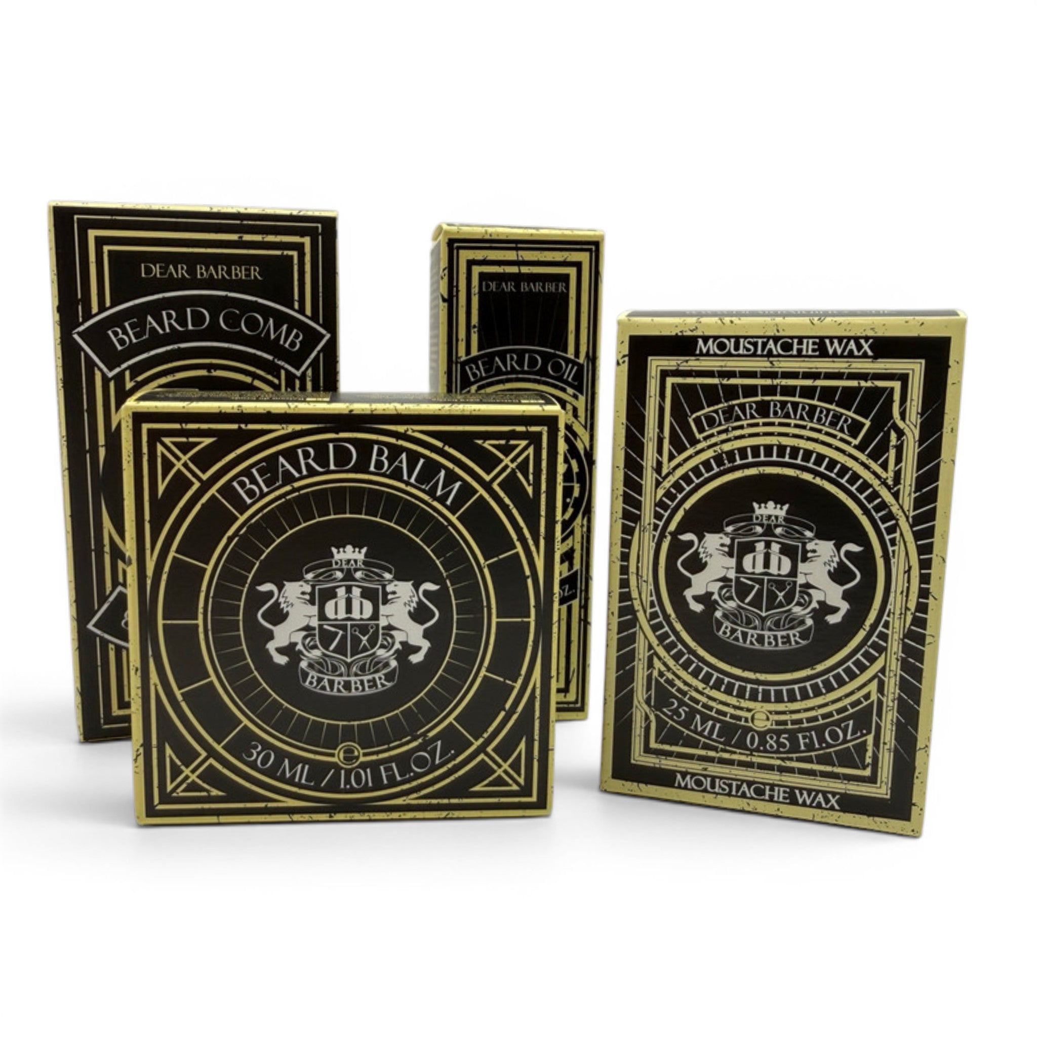 Dear Barber Beard Care Essentials gift set boxed products including beard balm, beard oil, moustache wax and beard comb