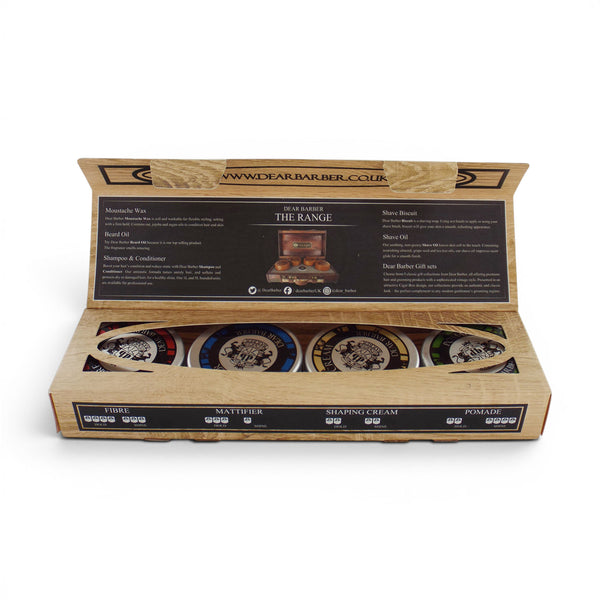 Open Dear Barber wooden gift box with mini hair styling collection inside