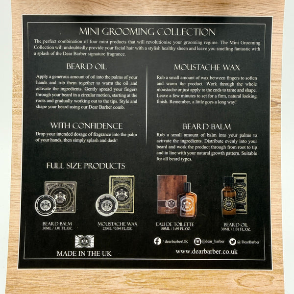 Inside lid of Dear Barber Mini Grooming Collection showing product information and contents details