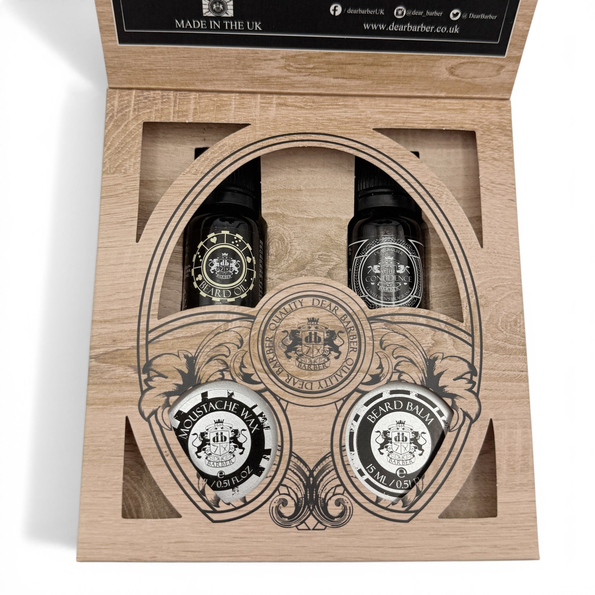 Dear Barber Mini Grooming Collection presented inside gift box with grooming products arranged neatly