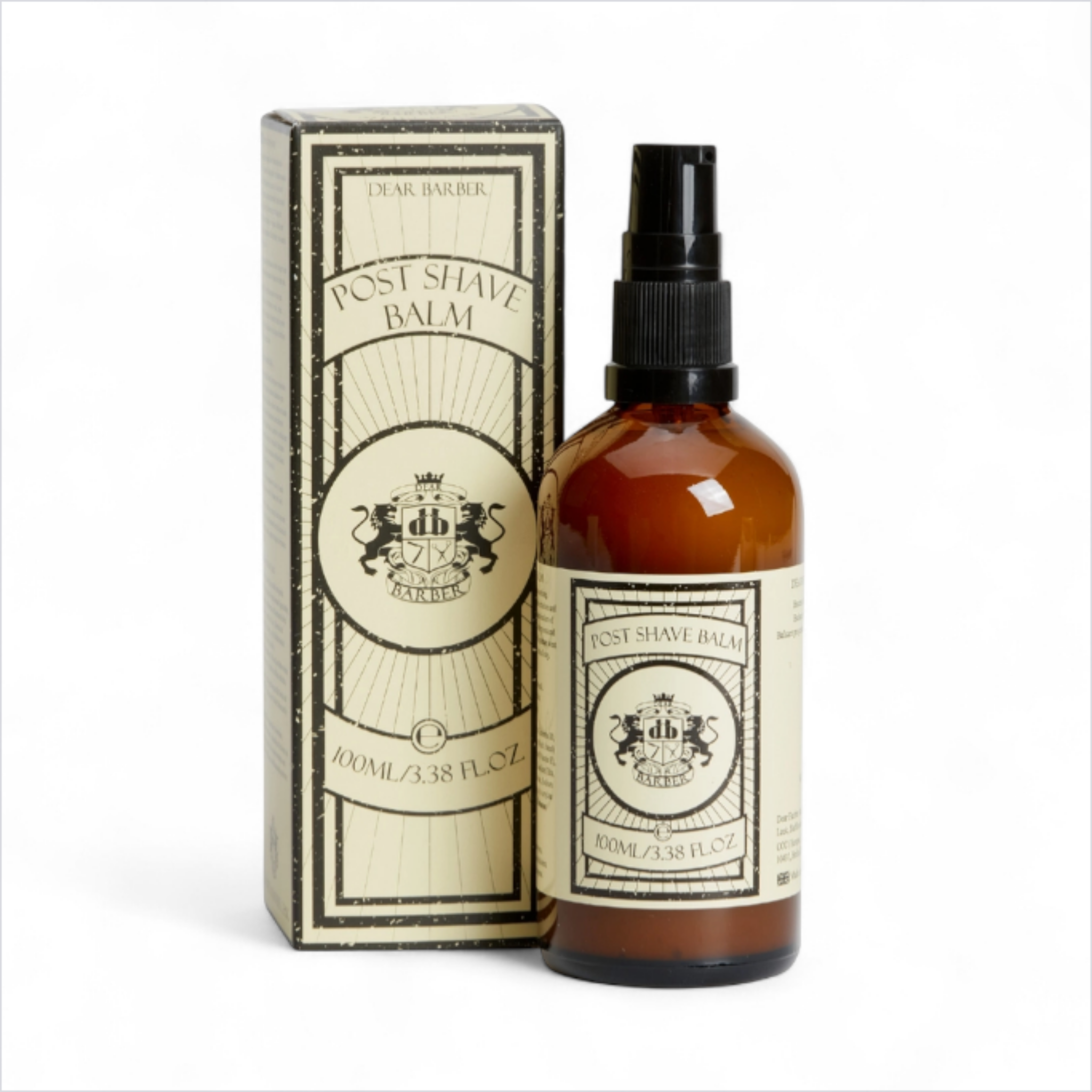 Dear Barber Post Shave Balm on classic barbershop counter with shaving tools and warm lighting