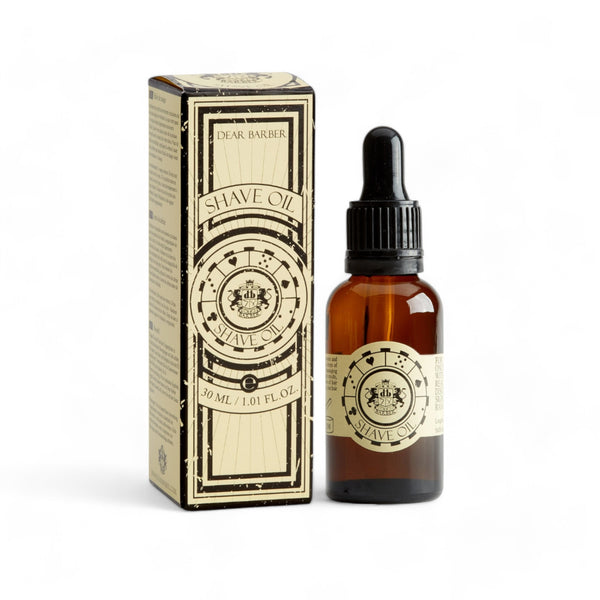 Dear Barber Shave Oil 30ml bottle with presentation box on white background