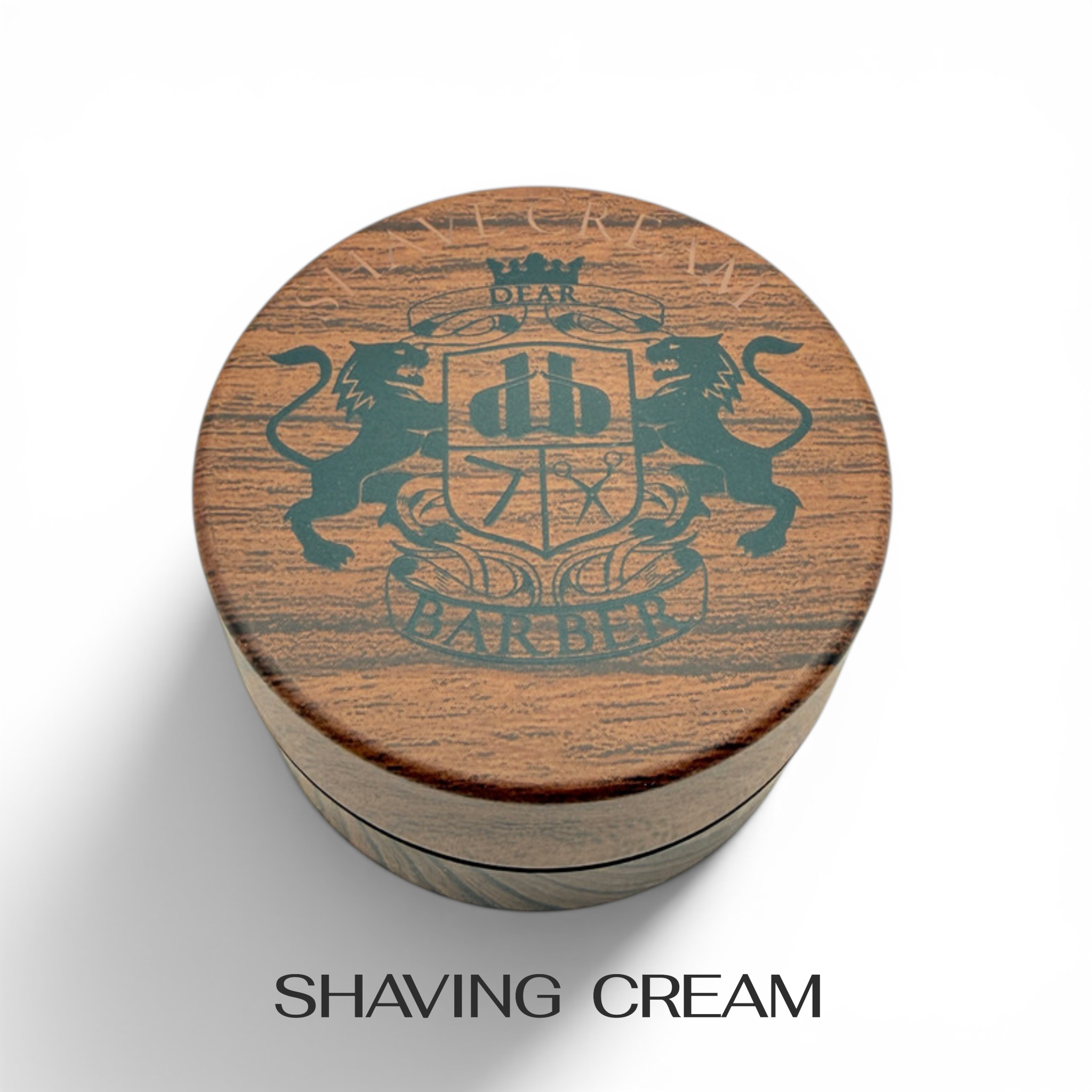 Dear Barber Shaving Cream 100ml in vintage style wood effect container on white background