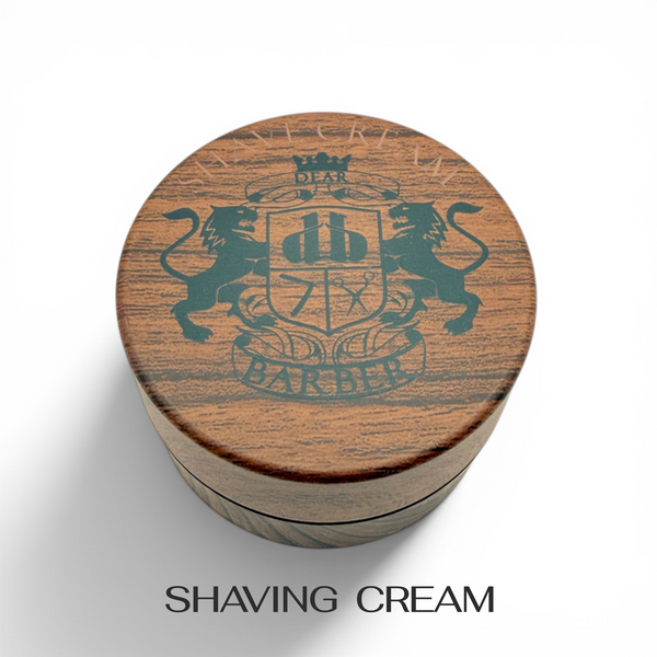 Dear Barber Shaving Cream 100ml in vintage style wood effect container on white background