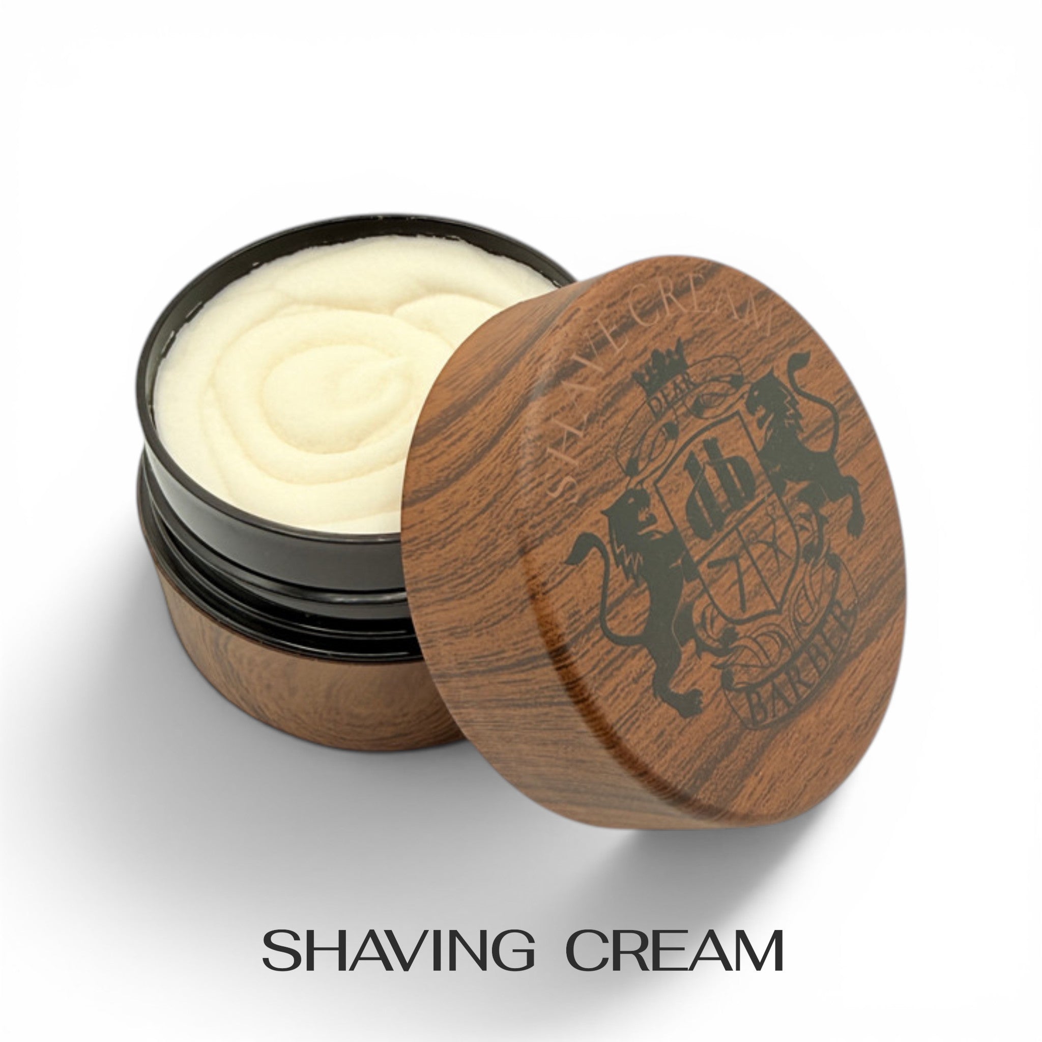 Open Dear Barber Shaving Cream 100ml showing rich cream texture in wood effect container on white background