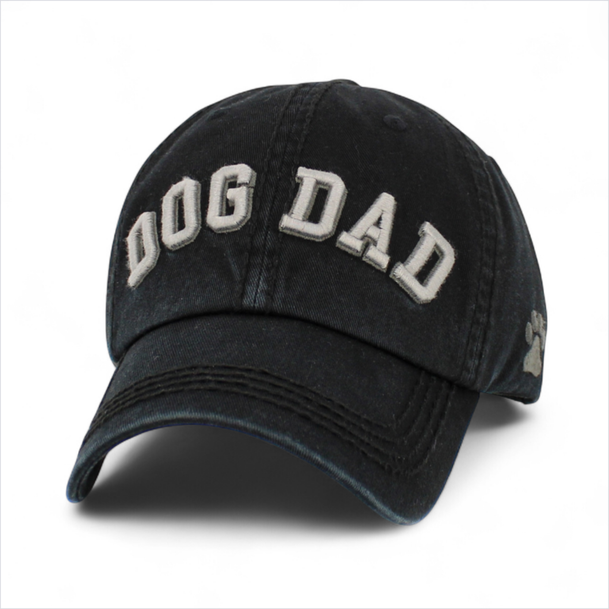 Black washed vintage Dog Dad baseball cap with embroidered front lettering and curved peak.
