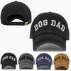 Collage showing Dog Dad washed vintage baseball caps in multiple colour options with front and rear views and embroidered lettering.