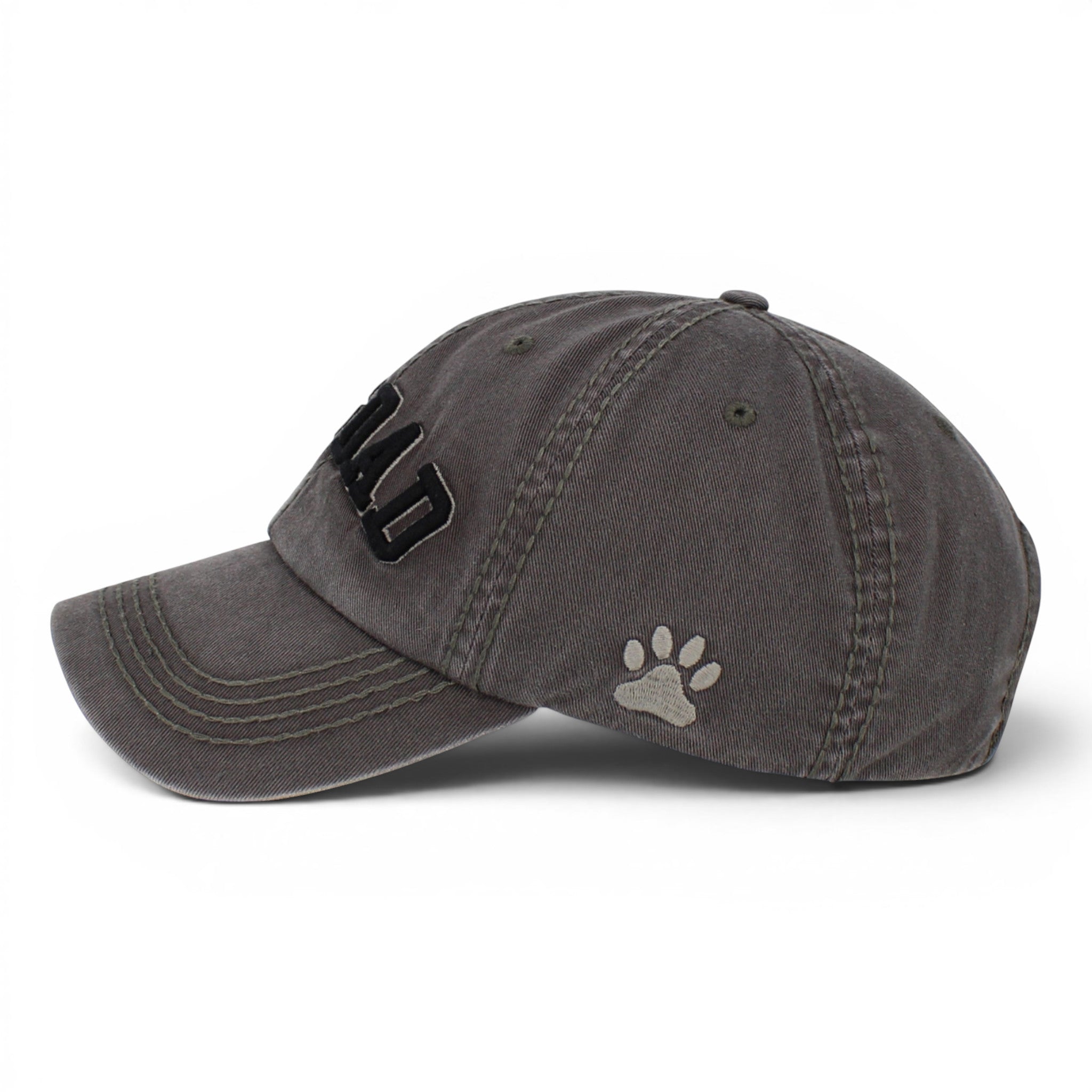 Grey washed vintage Dog Dad baseball cap shown from the side with curved peak and embroidered detail.