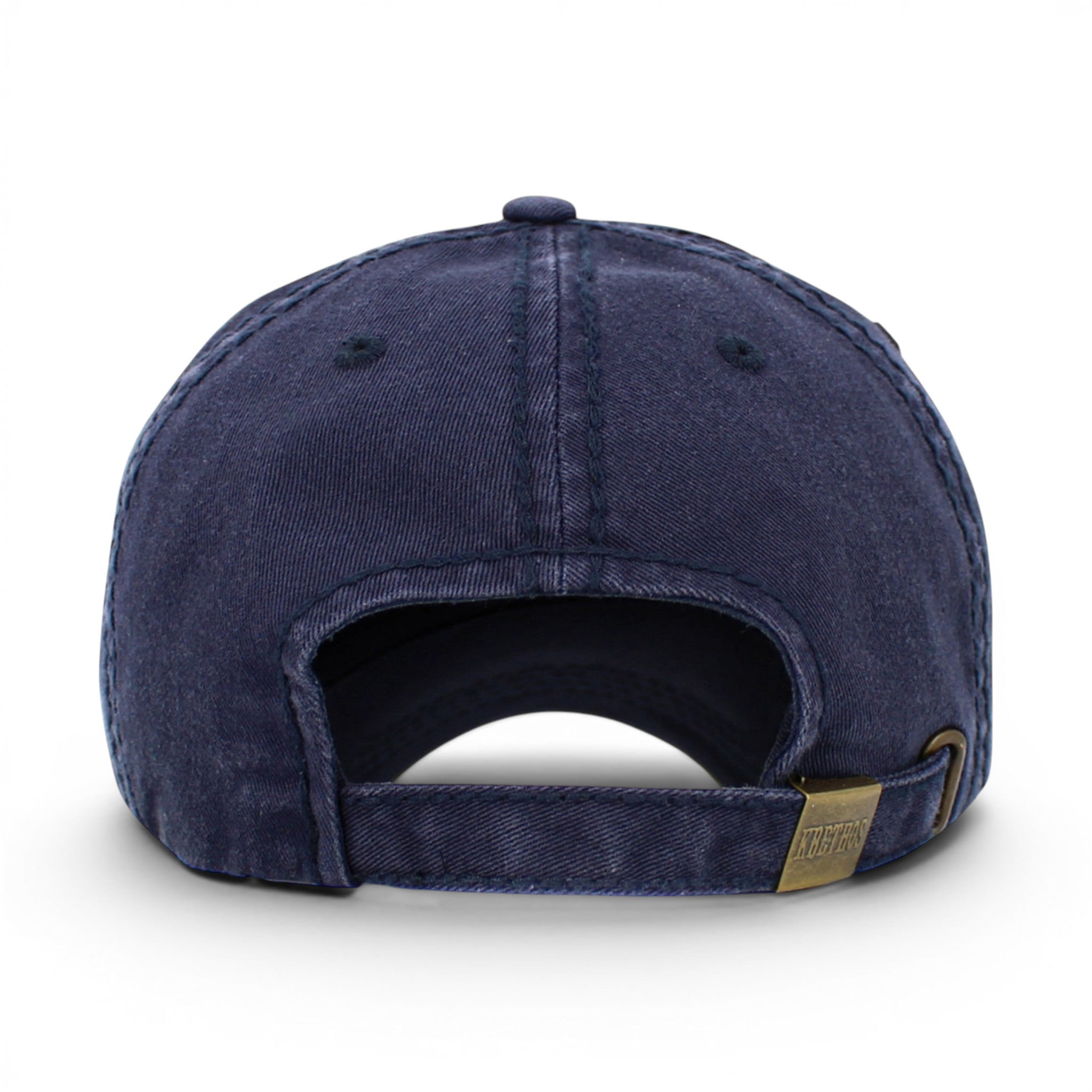 Navy washed vintage Dog Dad baseball cap showing adjustable rear strap fastening.