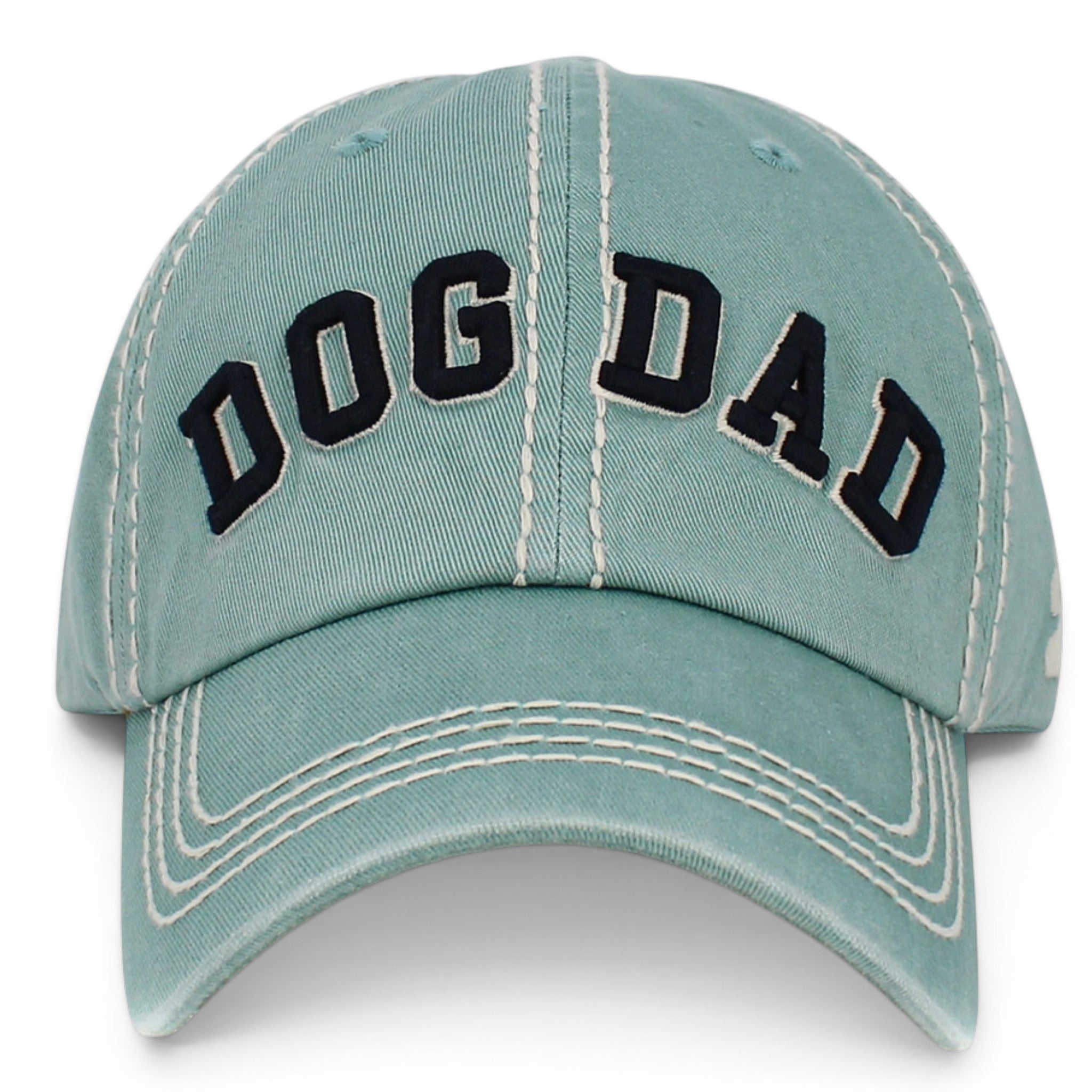 Sea green washed vintage Dog Dad baseball cap with embroidered front lettering and curved peak.