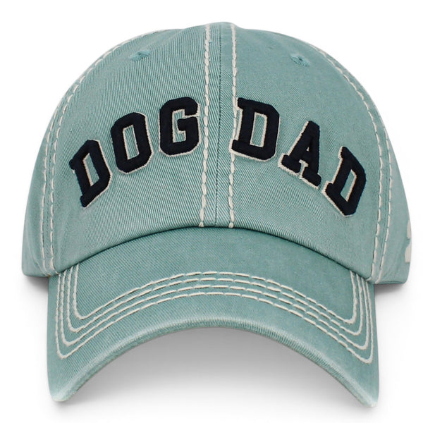 Sea green washed vintage Dog Dad baseball cap with embroidered front lettering and curved peak.