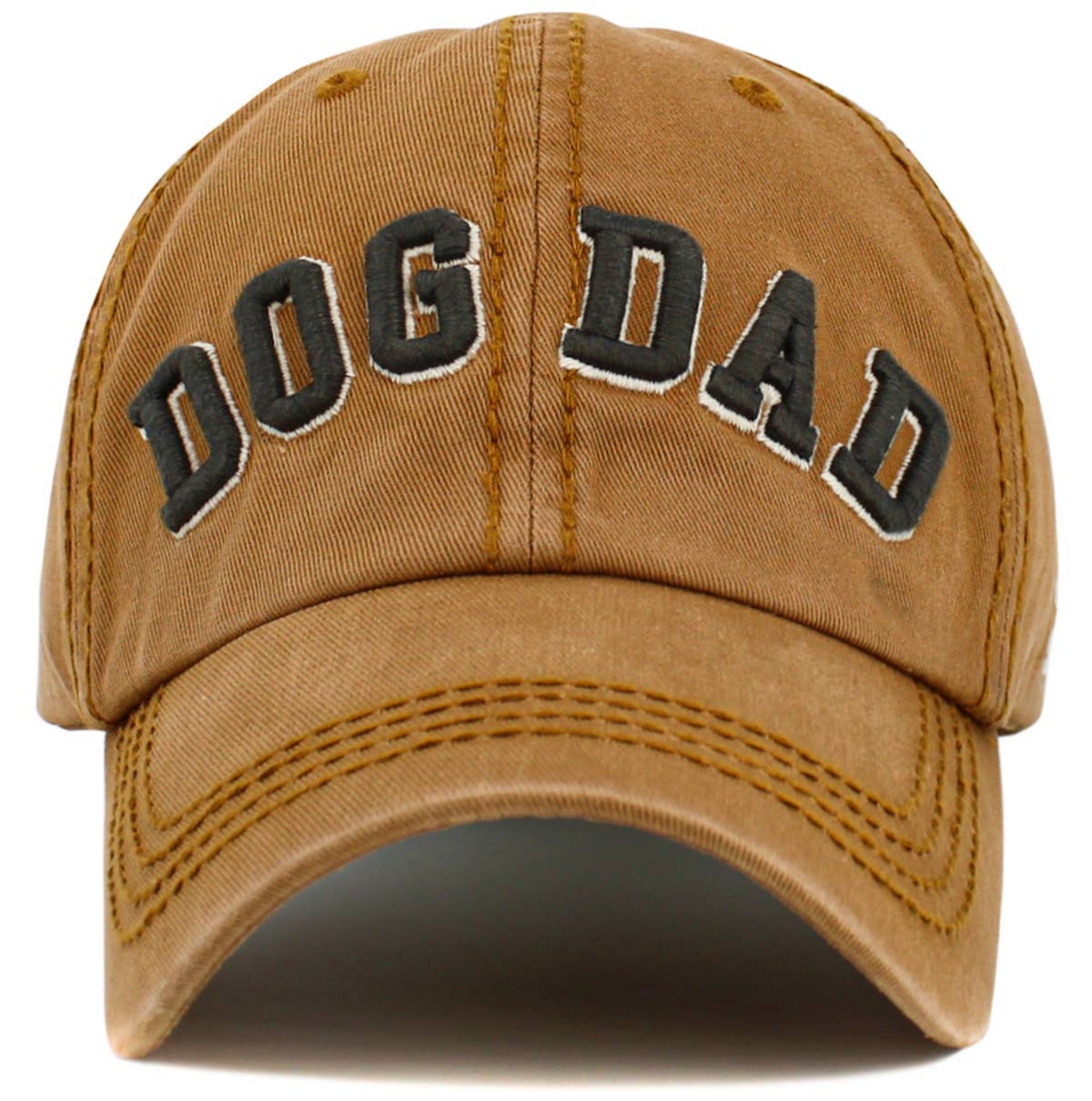 Tan washed vintage Dog Dad baseball cap with embroidered front lettering and curved peak.