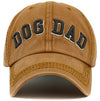 Tan washed vintage Dog Dad baseball cap with embroidered front lettering and curved peak.