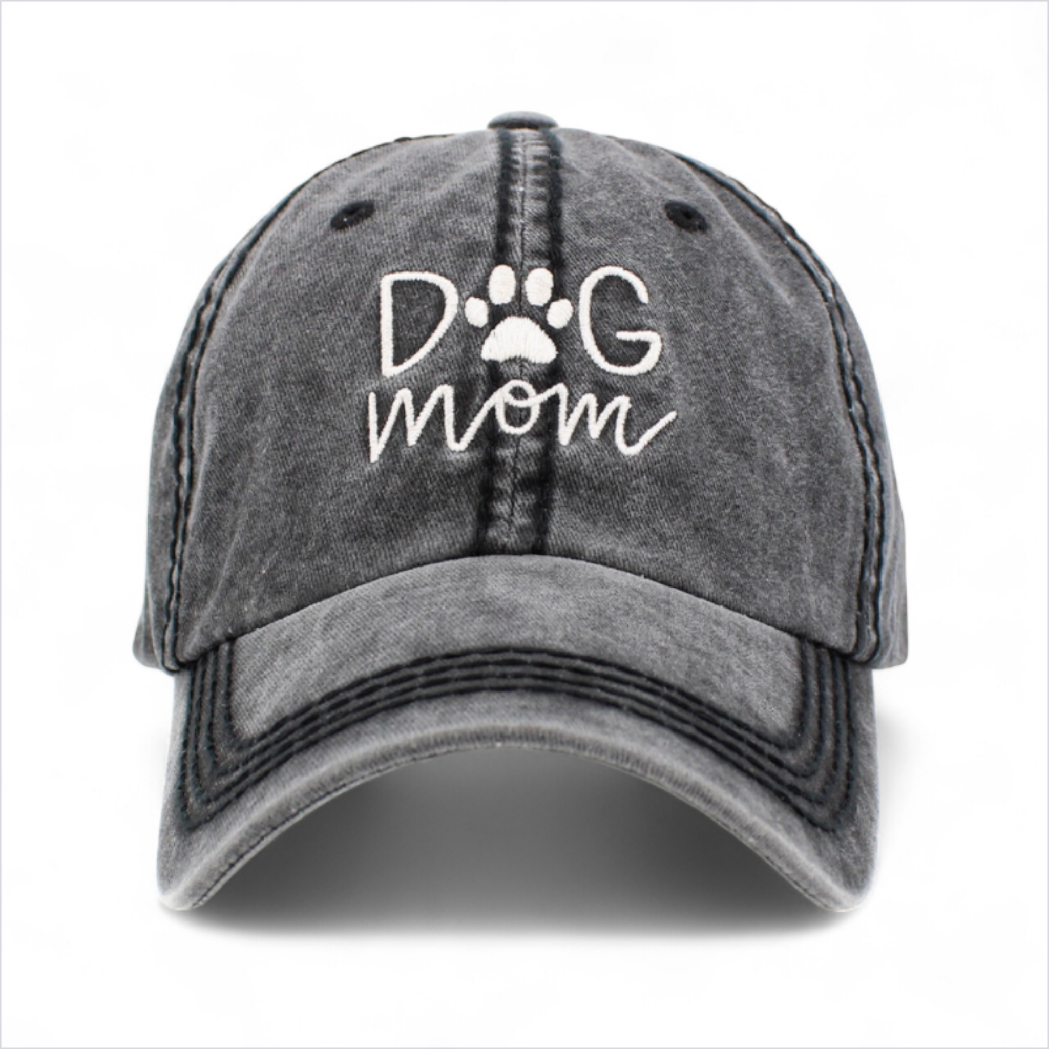 Black washed vintage Dog Mom baseball cap with embroidered front lettering and curved peak.
