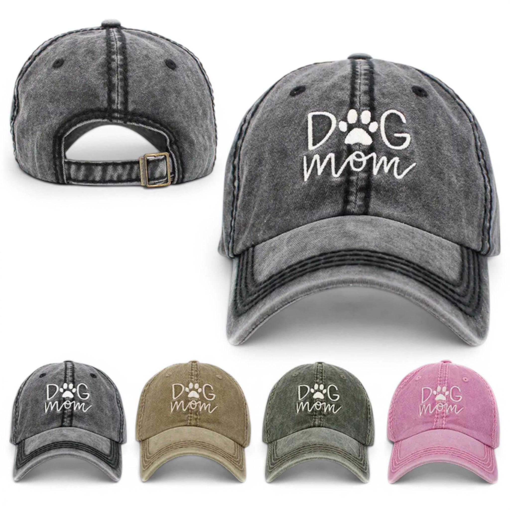 Collage showing Dog Mom washed vintage baseball caps in multiple colour options with front and rear views and embroidered lettering.