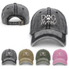 Collage showing Dog Mom washed vintage baseball caps in multiple colour options with front and rear views and embroidered lettering.