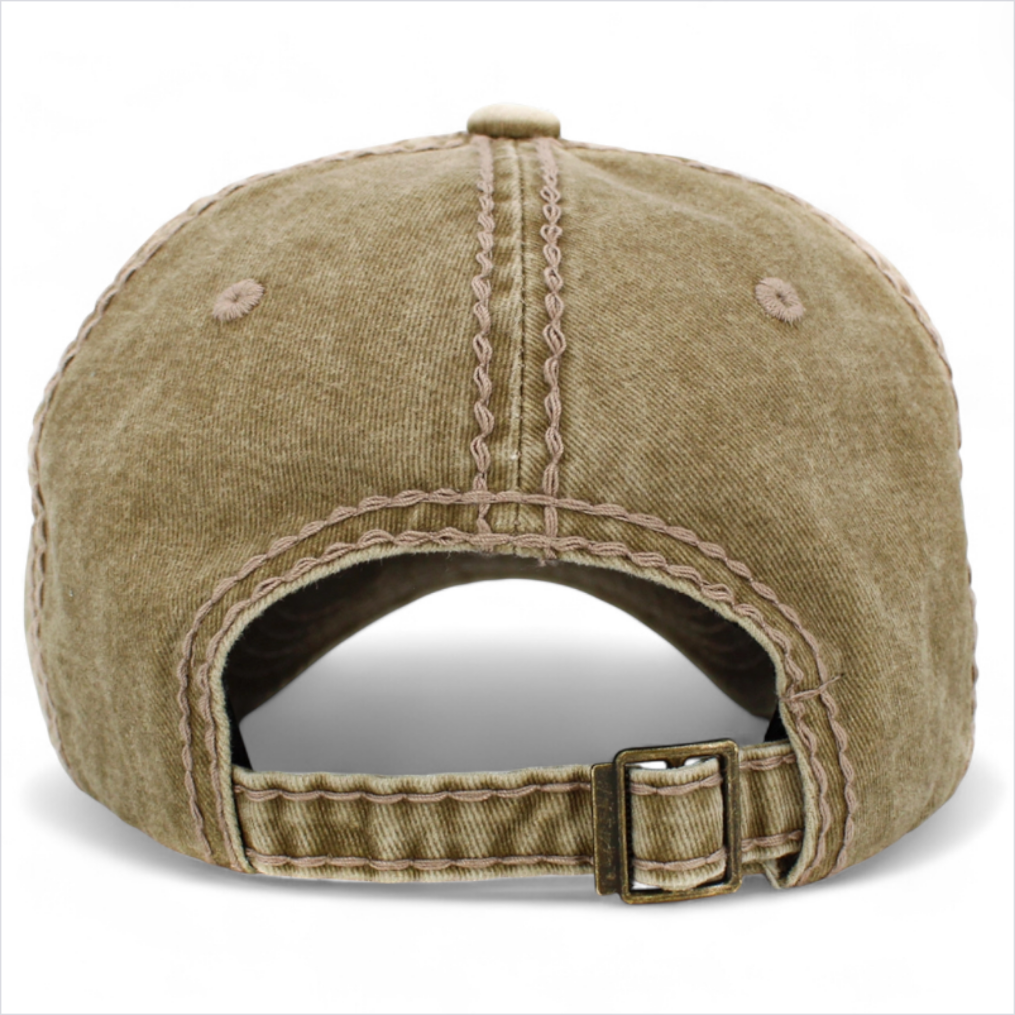 Khaki washed vintage Dog Mom baseball cap showing adjustable rear strap and buckle fastening.